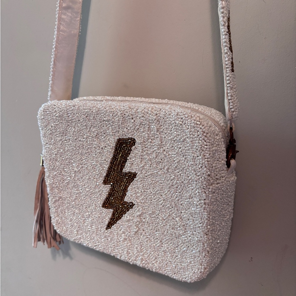 Tiana Handmade Beaded Lightning Bolt White Crossbody Bag